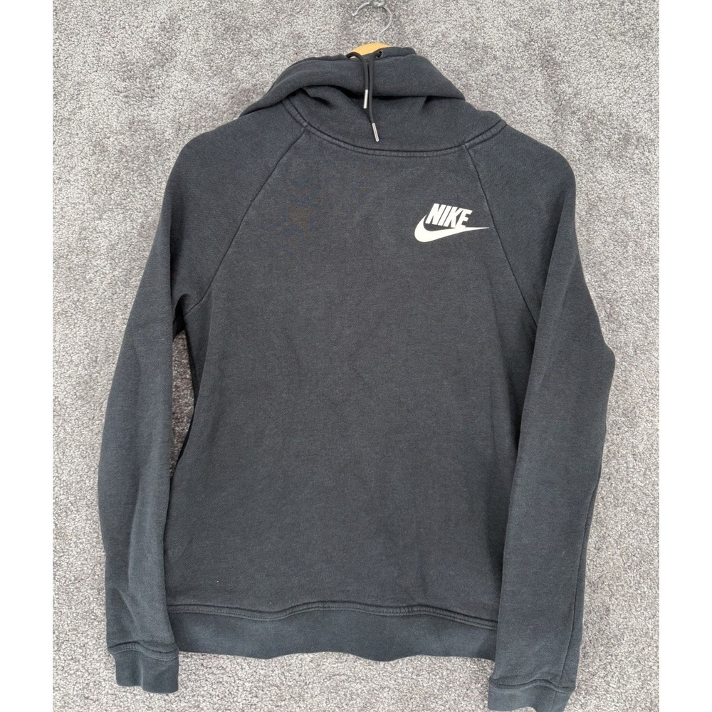 Nike Sportswear Funnel Neck Hoodie Women Small Black Fleece Pullover Swoosh Logo